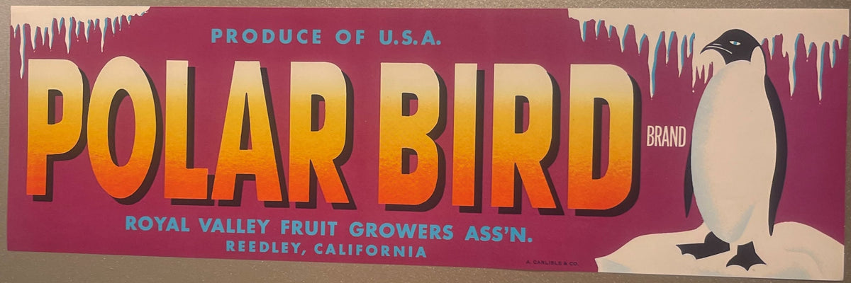 Vintage Polar Bird brand fruit crate label with large yellow-orange gradient text, purple background, and illustrated