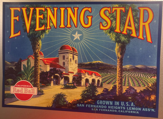 Vintage Evening Star Lemon Crate Label 🌟 San Fernando Heights Lemon Ass'n — California Lithograph Art American Made