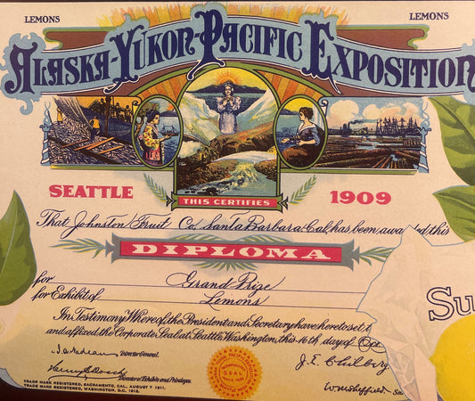 Antique Exposition Lemon Crate Label 🍋 Alaska–Yukon–Pacific Fair 1909, Santa Barbara CA