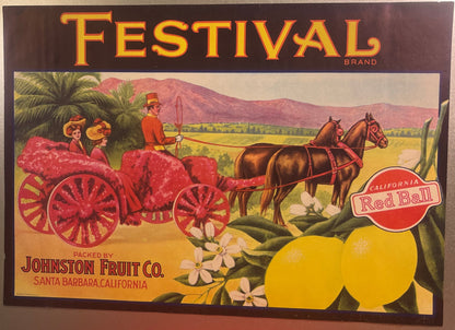 Antique Festival Brand lemon crate label showing horse-drawn cart with red wheels, two women in period dress, mountains, and 