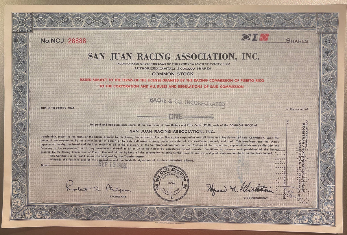 Vintage stock certificate for San Juan Racing Association Inc. from Puerto Rico, printed in blue and