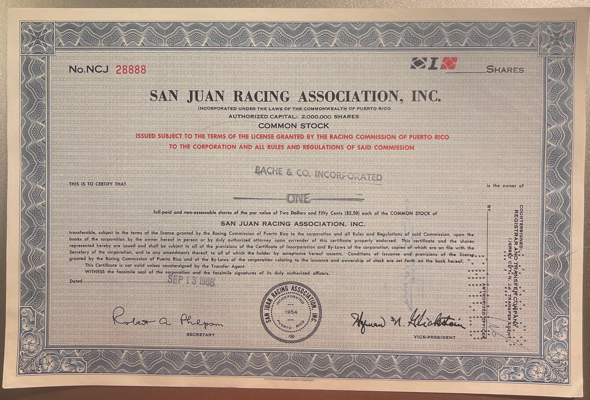 Vintage stock certificate for San Juan Racing Association Inc. from Puerto Rico, printed in blue and