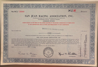 Vintage stock certificate for San Juan Racing Association Inc. from Puerto Rico, printed in blue and