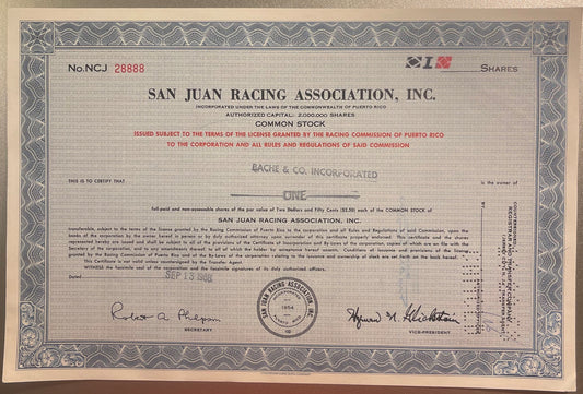 Vintage 1960s San Juan Racing Association Stock Certificate Coca Cola of New York 1978 Bid El Comandante Puerto Rico 📜