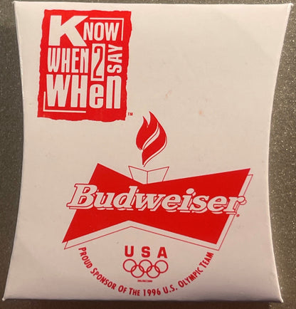 Sealed white envelope featuring red Budweiser logo, Olympic rings, and "Know When 2 Say When" text, displayed flat