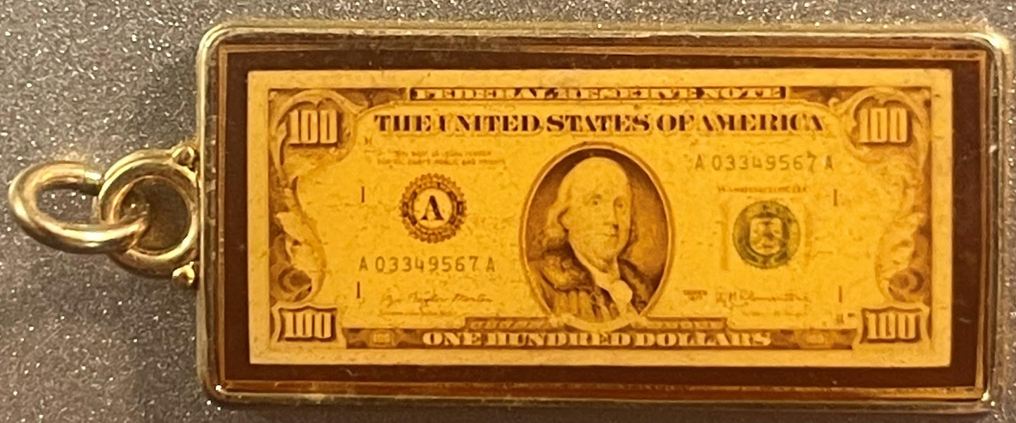 Gold $100 bill charm on Vintage 1970s Keychain Fobs, perfect antique gifts duo