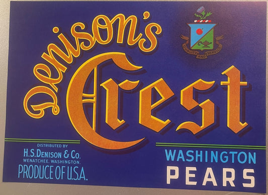 Vintage 1940s Denison's Crest Washington Pears Crate Label — Wenatchee WA, Thistle and Lamp Crest