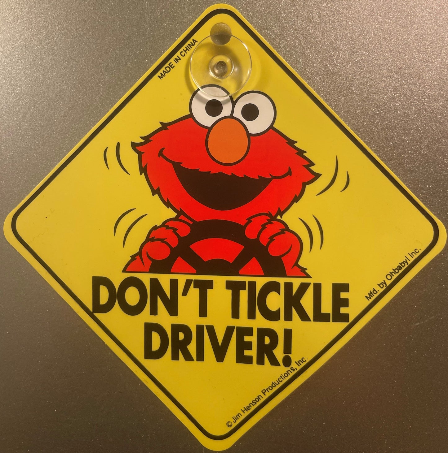 Vintage Sesame Street Elmo 🚗 "Don't Tickle Driver!" Window Sign, Jim Henson Productions Car Suction Cup Sign