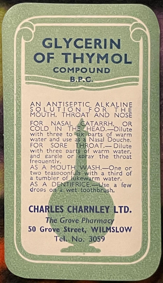 Very Rare Antique Vintage 1910s - 1920s Glycerine of Thymol Label, C Charnley, Grove Pharmacy ✨