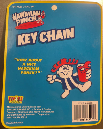 Vintage Hawaiian Punch keychain package front showing red-haired Punchy mascot character in striped outfit holding red