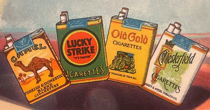 Vintage lithograph illustration showing four colorful cigarette pack designs: Camel, Lucky Strike, Old Gold