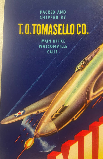 Vintage crate label with navy blue background, yellow text reading "T.O. TOMASELLO CO." and teal text for "WATSONVILLE CALIF.