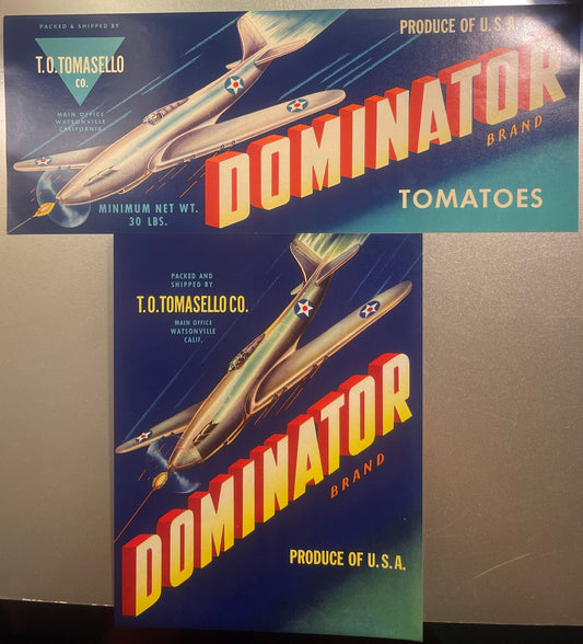 Vintage Dominator Crate Labels Two Label NOS Set T.O. Tomasello Watsonville California 1940s 🍎