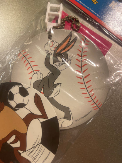 Bugs Bunny luggage tag keychain with baseball design, plastic with ball chain attached, displayed in clear packaging