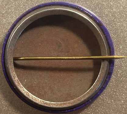 Close-up of purple and white celluloid pinback button showing brass pin across center, brown interior visible, resting