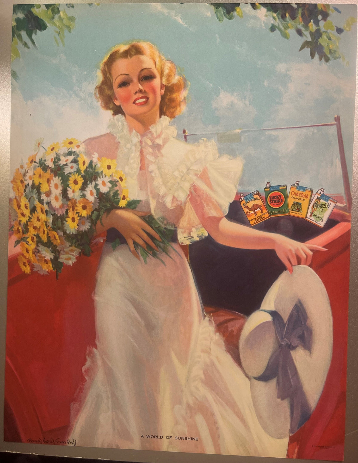 Vintage 1939 Bradshaw Crandell lithograph of a blonde woman in pink and white holding flowers and cigarette packages, titled 