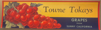 Vintage fruit crate label with red grapes and Towne Tokays text from 1940s California