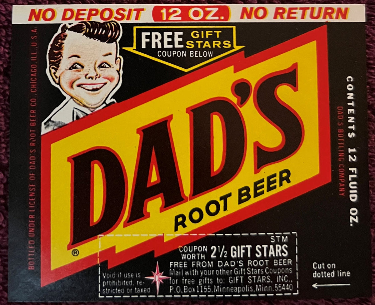 Vintage Dad's Root Beer 12 oz label featuring smiling boy mascot, yellow and red design, with free gift stars coupon, no