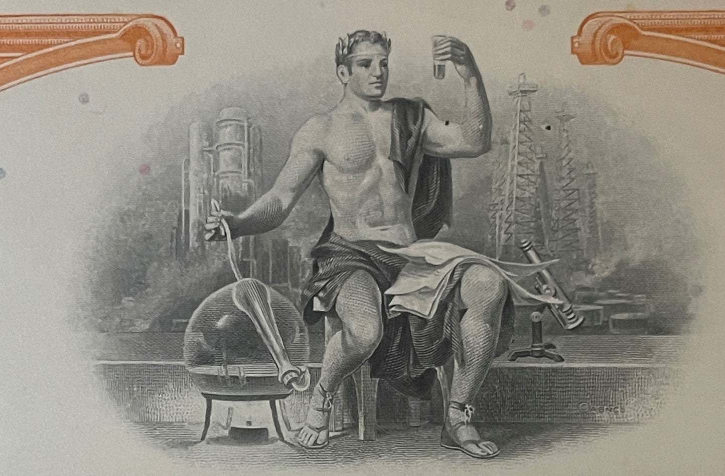 Engraved classical male figure seated with torch and scroll, ornate wooden scrollwork borders in orange-brown at top corners,