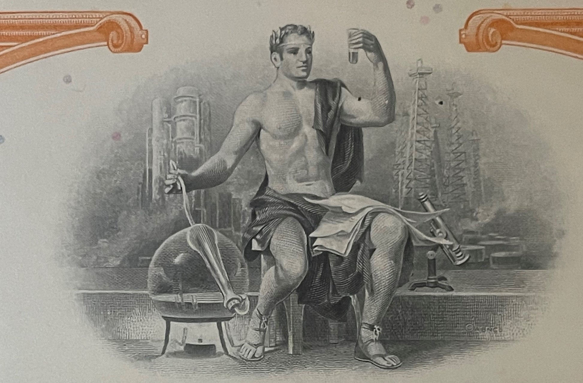Engraved classical male figure seated with torch and scroll, ornate wooden scrollwork borders in orange-brown at top corners,