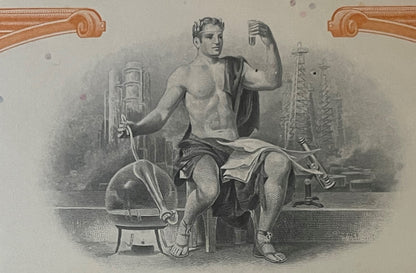Engraved classical male figure seated with torch and scroll, ornate wooden scrollwork borders in orange-brown at top corners,