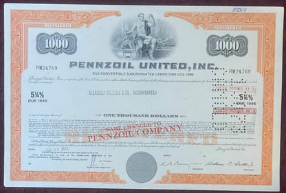 Vintage Pennzoil United Inc. stock certificate for 1000 shares, orange decorative border with central allegorical engraving, 