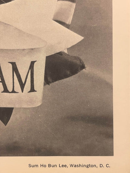Close-up of vintage commemorative print showing "M" text and silhouette against cream and tan background, with "Sum Ho Bun Le