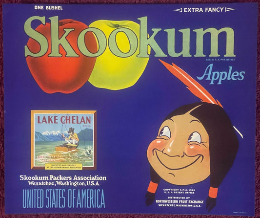 Vintage 1940s Skookum Brand Apples Crate Label 🍎 — Skookum Packers Association, Wenatchee WA — Lake Chelan Brand Inset