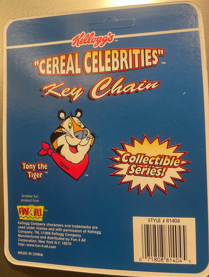 Sealed blue packaging for Kellogg's Cereal Celebrities Tony the Tiger key chain by Fun 4 All, showing cartoon tiger mascot