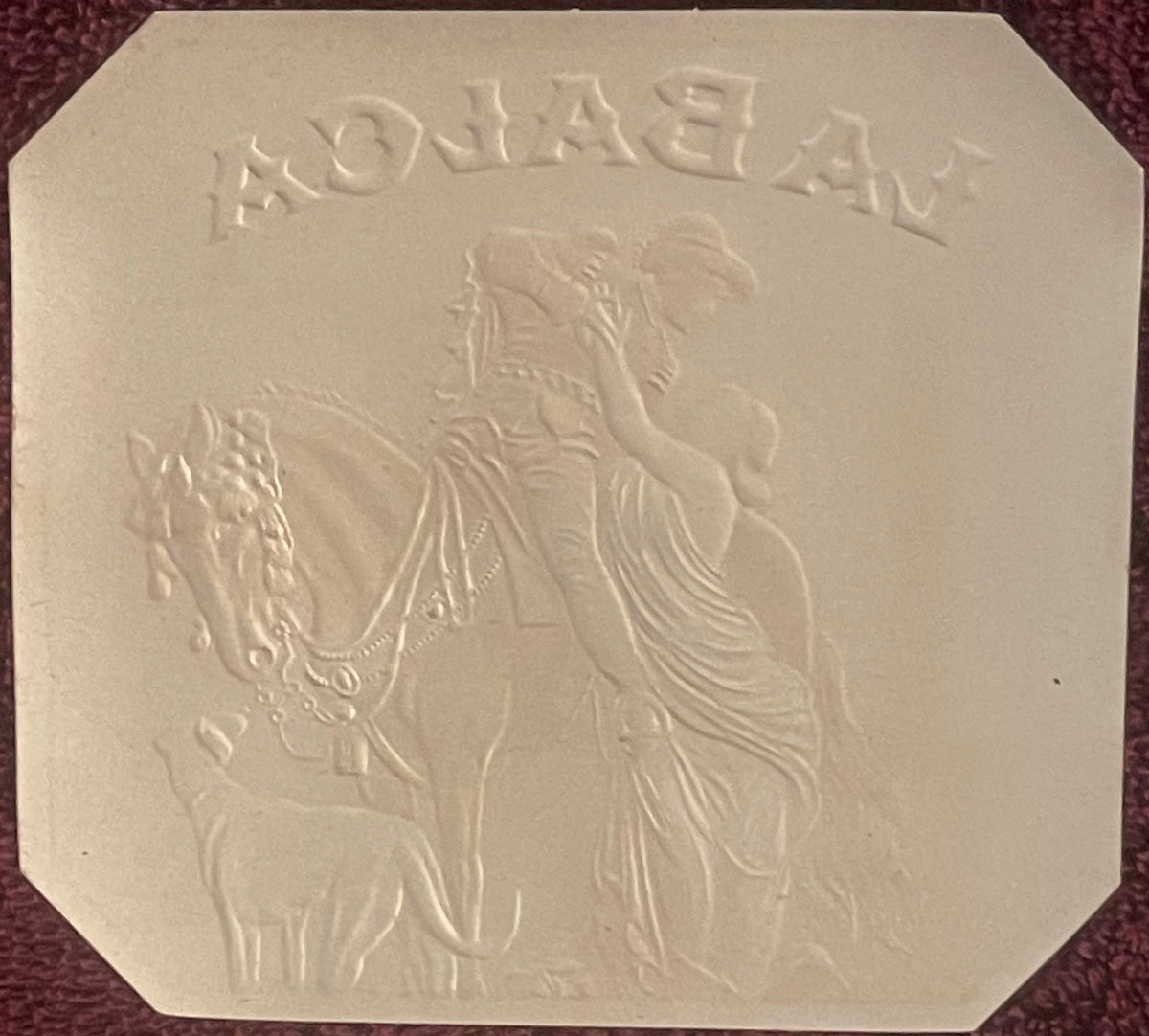 Cream-colored embossed cigar label showing a Victorian couple on horseback with "BALCA" text at top, displayed