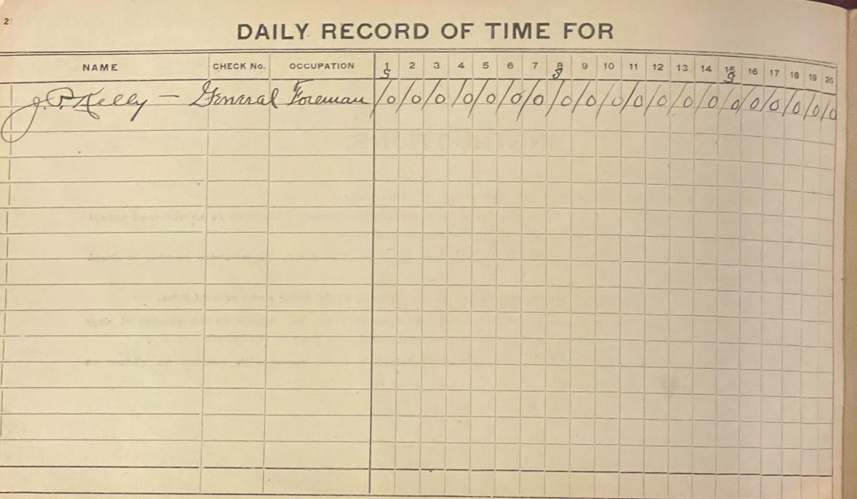 Cream-colored vintage time record sheet with printed header, showing one handwritten entry for "Forsey - General Foreman"