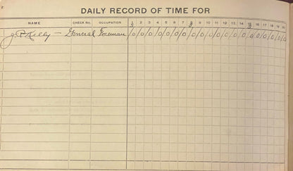 Cream-colored vintage time record sheet with printed header, showing one handwritten entry for "Forsey - General Foreman"