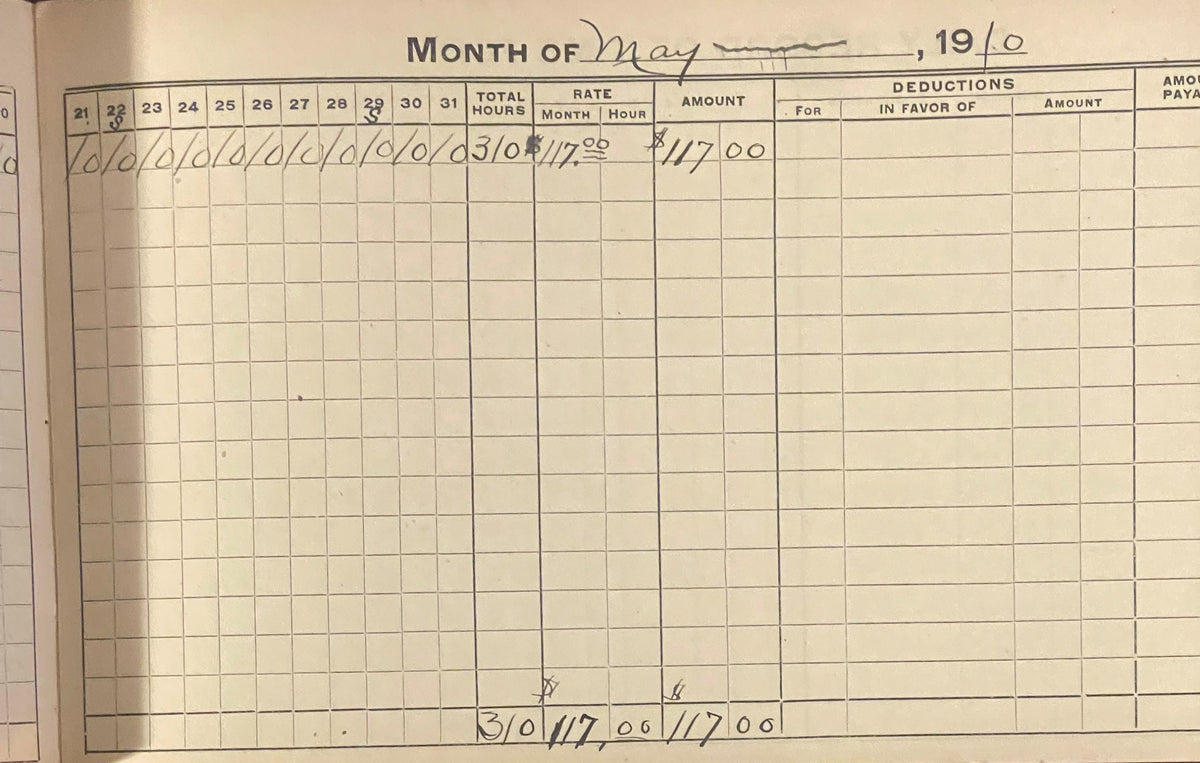 Yellowed 1910 railroad time book page for May showing daily hours logged as zeros, with total hours 30 and rate $1.17/hour