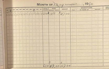 Yellowed 1910 railroad time book page for May showing daily hours logged as zeros, with total hours 30 and rate $1.17/hour
