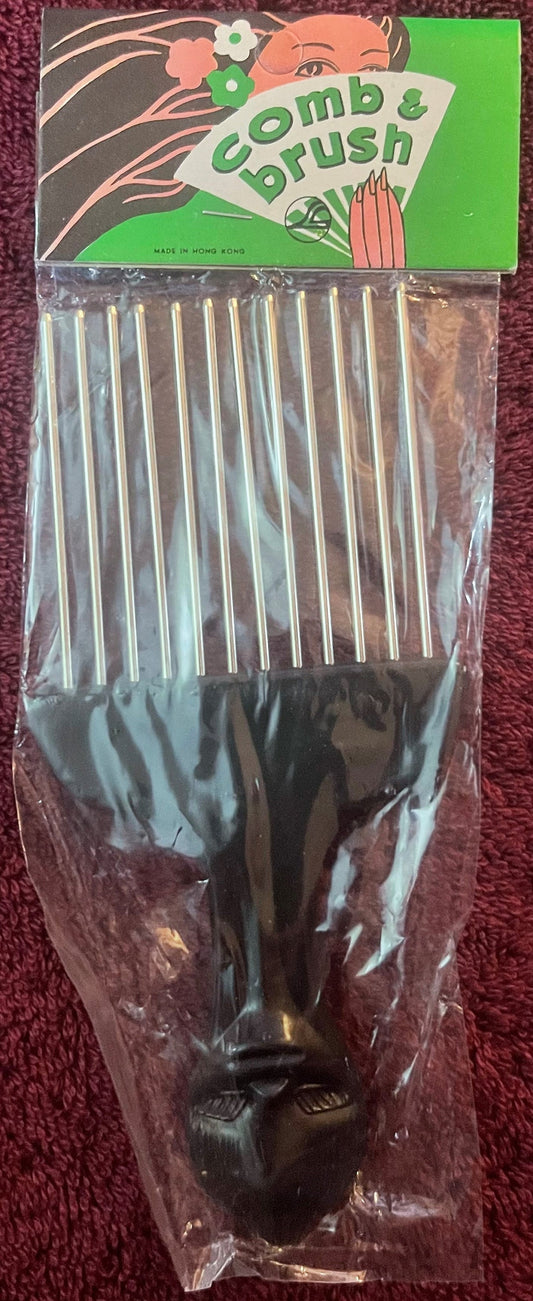 Vintage 1960s Metal Hair Pick Comb & Brush – Black Lady Handle – NOS on Card 🖤