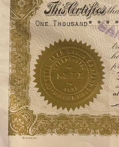 Close-up of ornate gold border and embossed seal on cream-colored stock certificate reading "This Certifies that ONE THOUSAND
