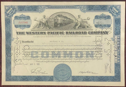Vintage Western Pacific Railroad stock certificate, featuring blue decorative borders, steam locomotive ill