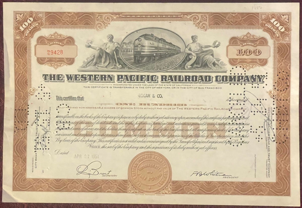 Vintage Western Pacific Railroad Company stock certificate from, featuring brown ornamental borders, central locomotive