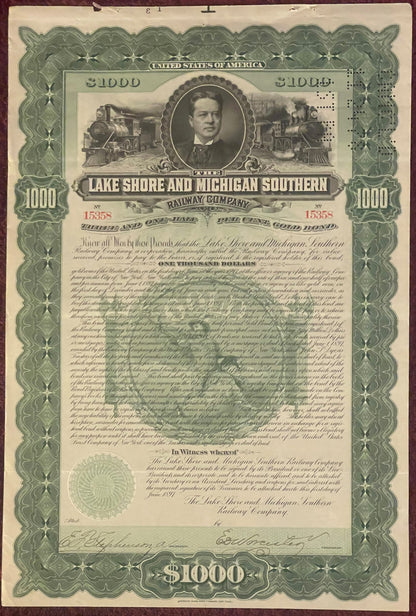 Ornate 1897 Lake Shore and Michigan Southern Railway $1000 gold bond certificate with portrait, train vignettes, and decorati