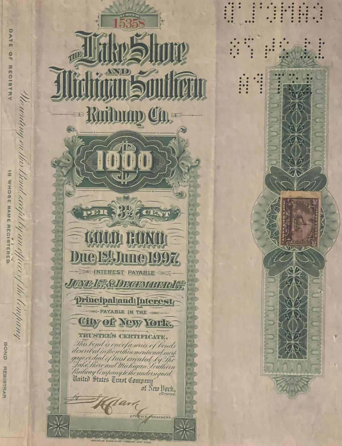 Antique 1897 Lake Shore and Michigan Southern Railway $1000 gold bond certificate with green ornamental borders and coupon sh