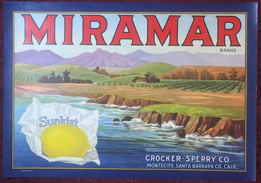 Antique 1930s Miramar Brand Sunkist Lemon Crate Label 🍋 Montecito California, Crocker-Sperry