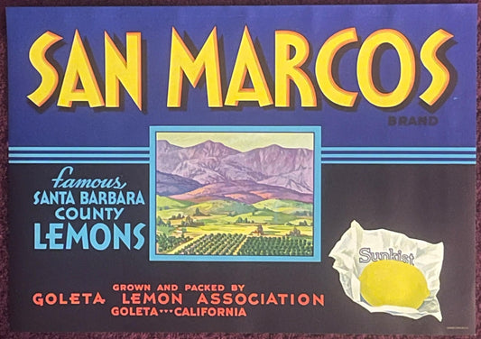 Vintage 1930s San Marcos Brand Sunkist Lemon Crate Label 🍋 Goleta Lemon Association, Santa Barbara County California