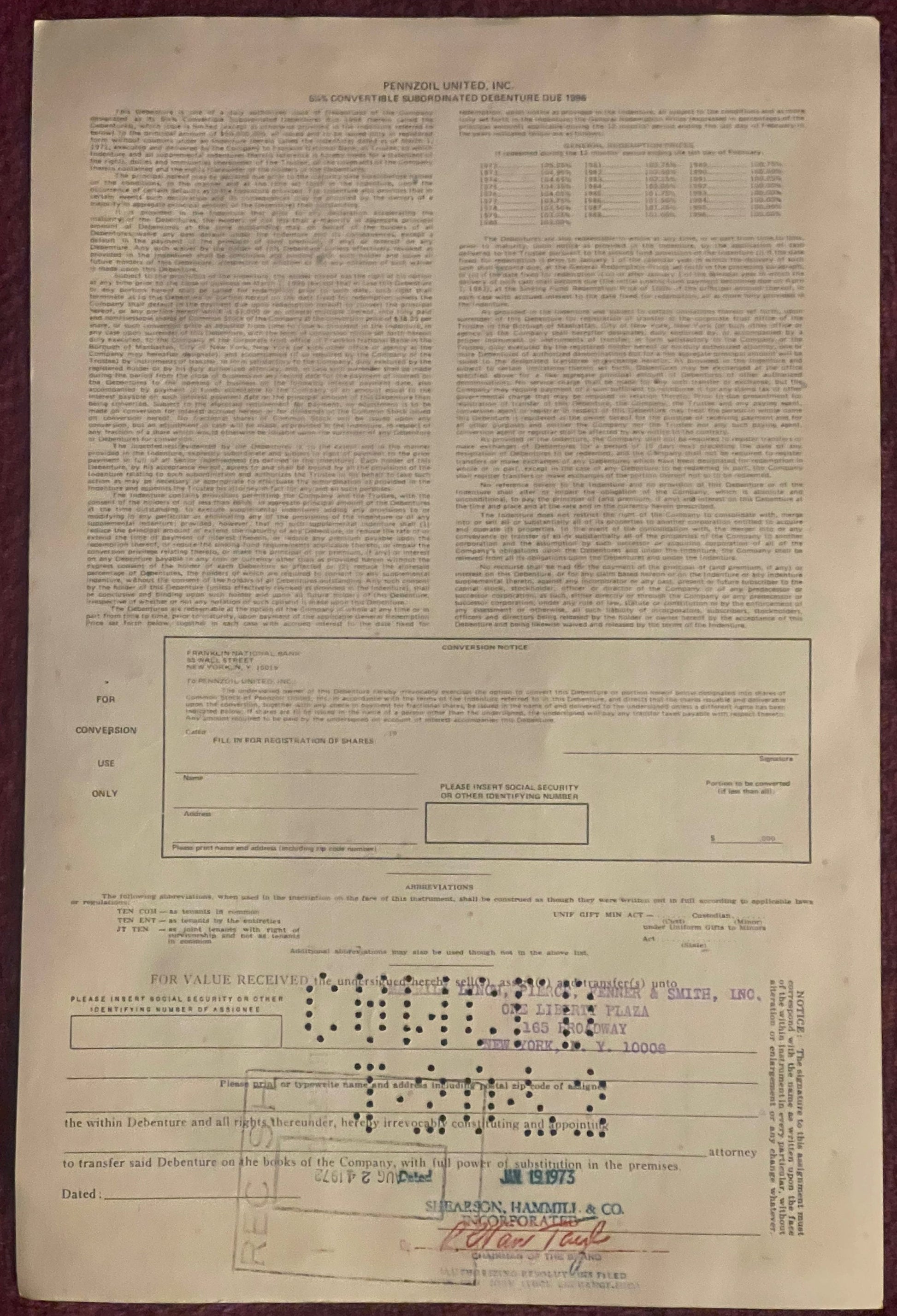 Vintage Pennzoil United stock certificate for 1000 shares with orange and black printing, showing conversion notice and compa