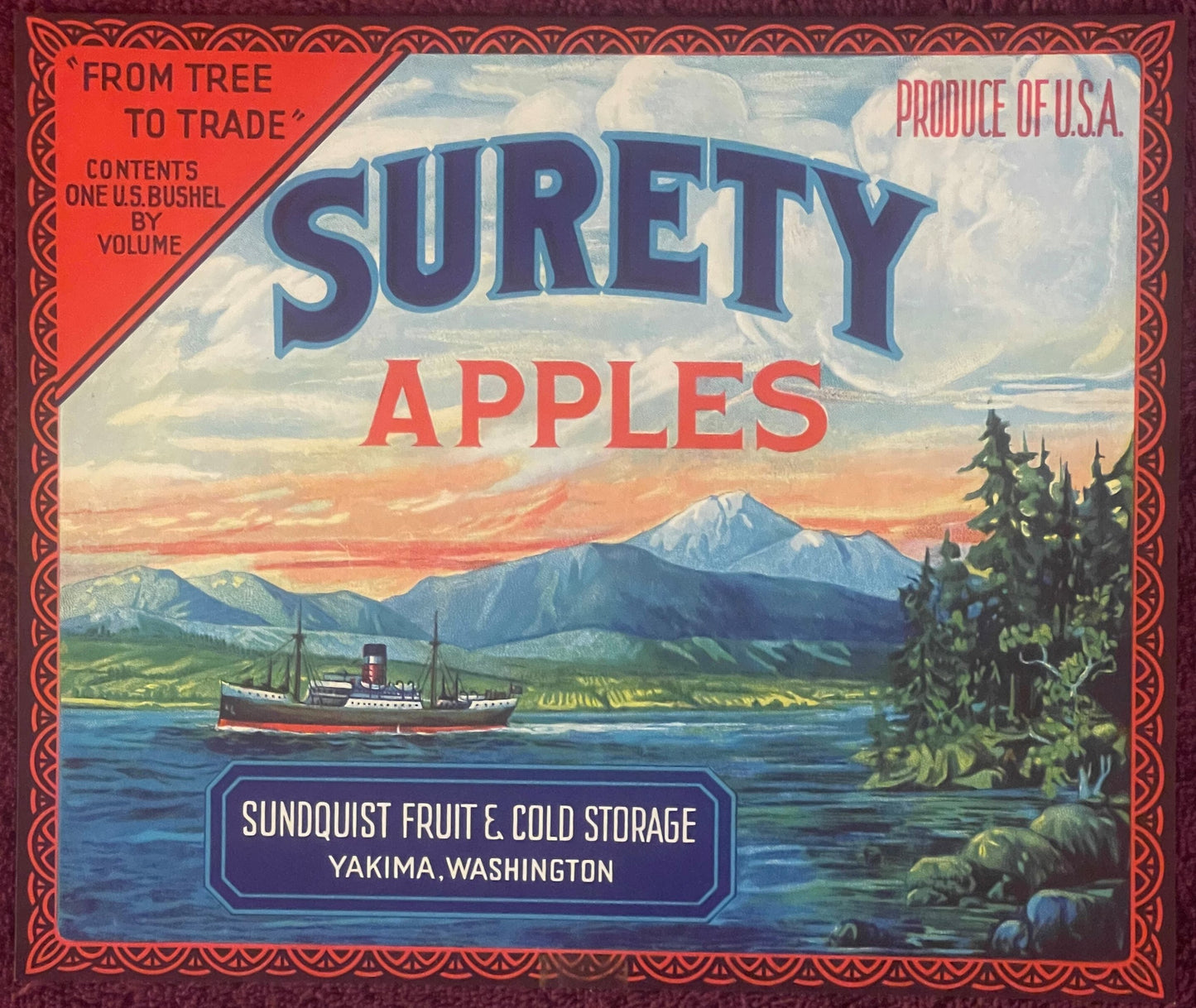 1920s Antique Apple Crate Label: Yakima 🍎 WA Steamship Graphic
