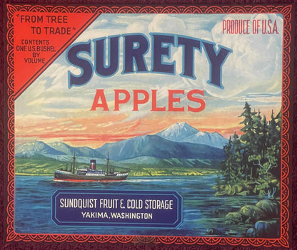 1920s Antique Apple Crate Label: Yakima 🍎 WA Steamship Graphic