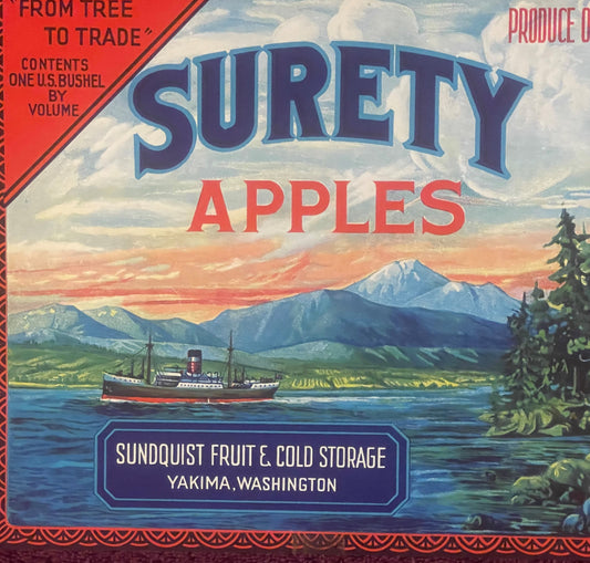 1920s Antique Apple Crate Label: Yakima 🍎 WA Steamship Graphic