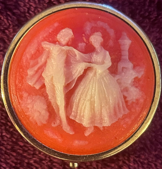 Vintage Cameo Pill Box 💃 Dancing Couple Design, Three-Compartment Trinket Case, Coral & Gold-Tone Keepsake