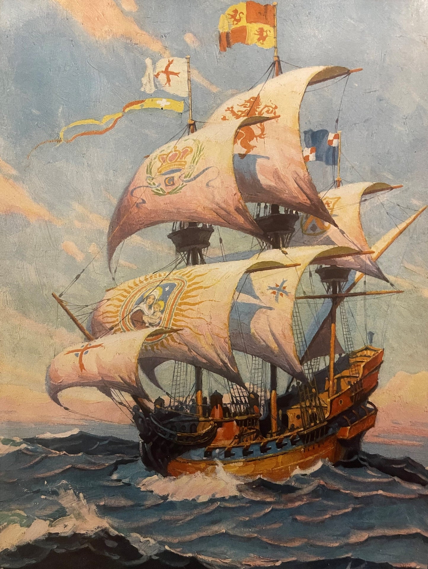 Vintage Spanish Galleon Art Print 🌅 1930s-40s Nautical Ship Wall Decor, 16x12