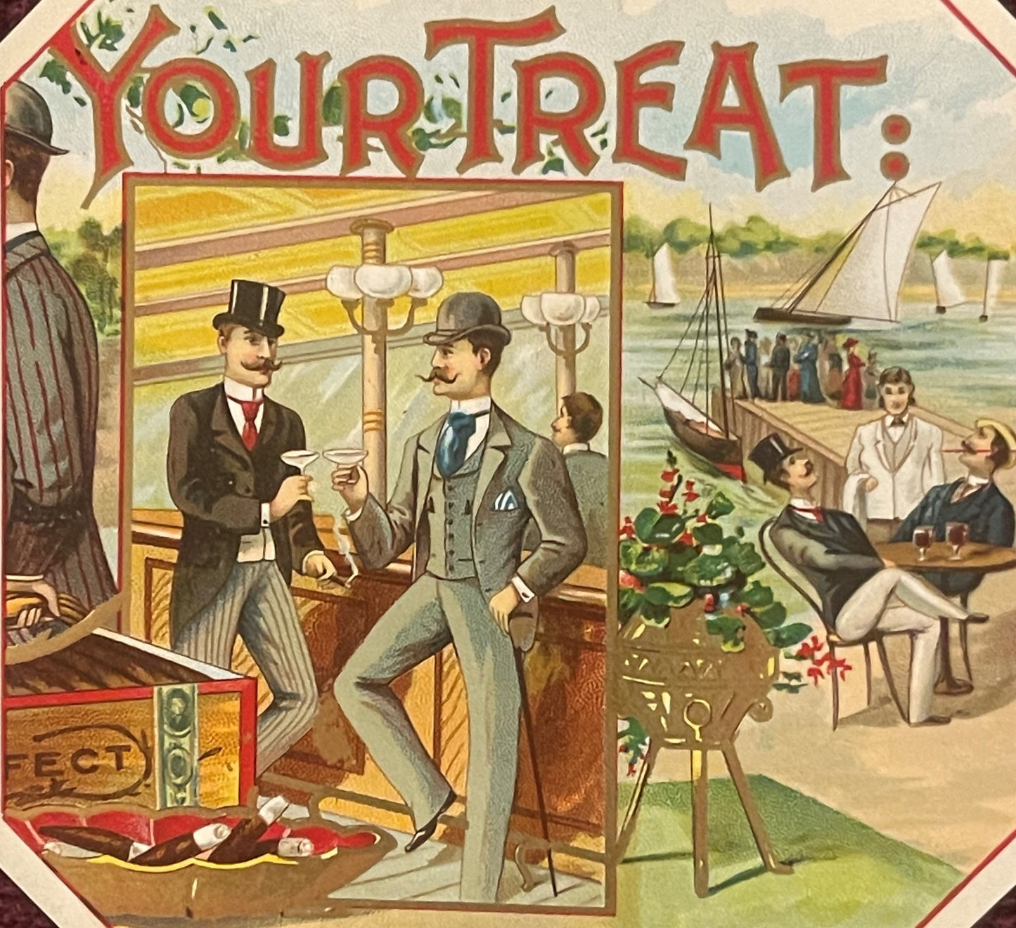 Vintage "Your Treat" cigar label featuring two men in formal attire toasting indoors, with sailboats and beachgoers visible t