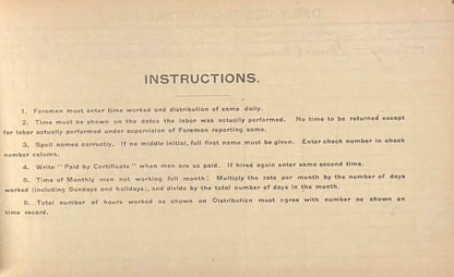 Sepia-toned page of typed instructions for railroad foremen regarding time tracking and labor documentation